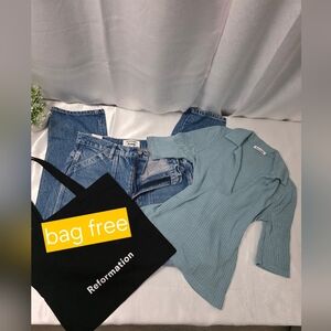 Blue Ribbed Top and Denim Jeans Set